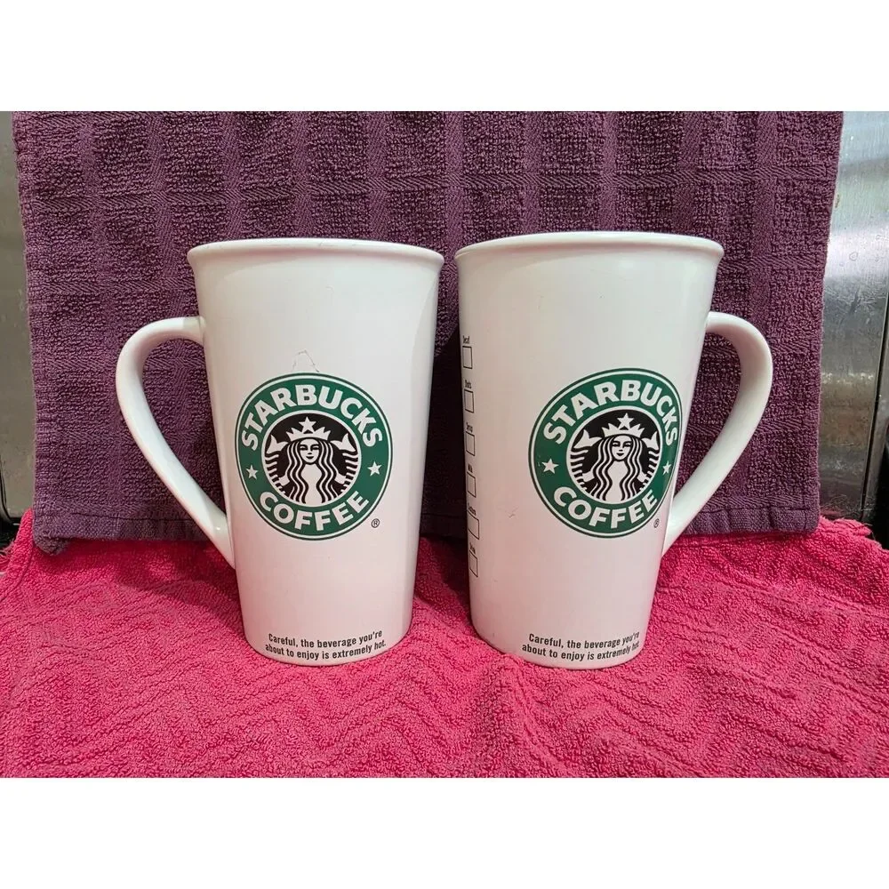 Set of 2 Starbucks Coffee Mugs 2005 White Ceramic Tall Latte Cups (16 oz)